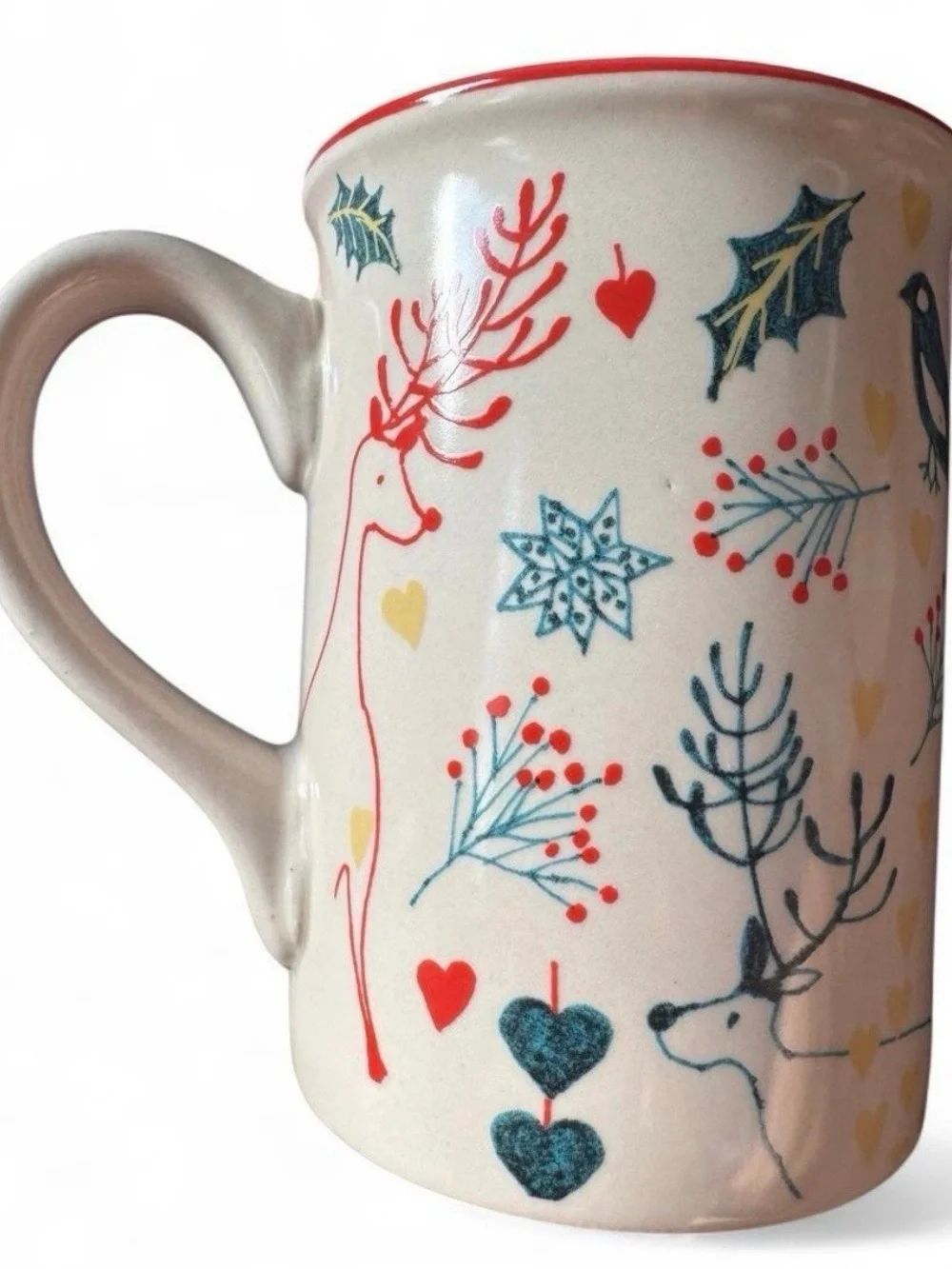 Cost Plus World Market holiday Christmas Cream Ceramic Mug reindeer’s, birds